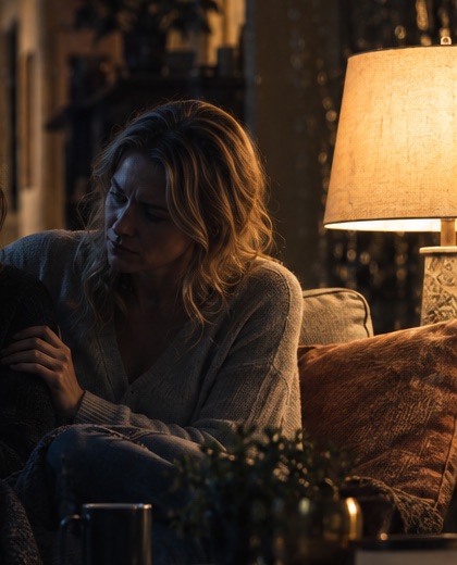 A woman in a cardigan leans in to comfort someone, lit by a table lamp