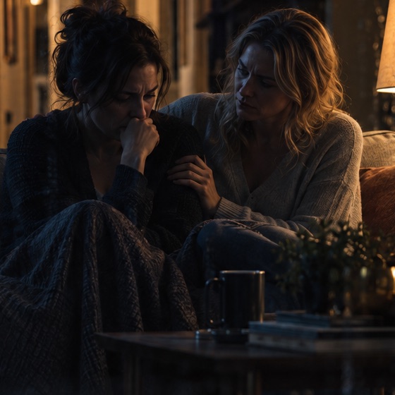 Two women on a sofa late at night; one holds the other's arm