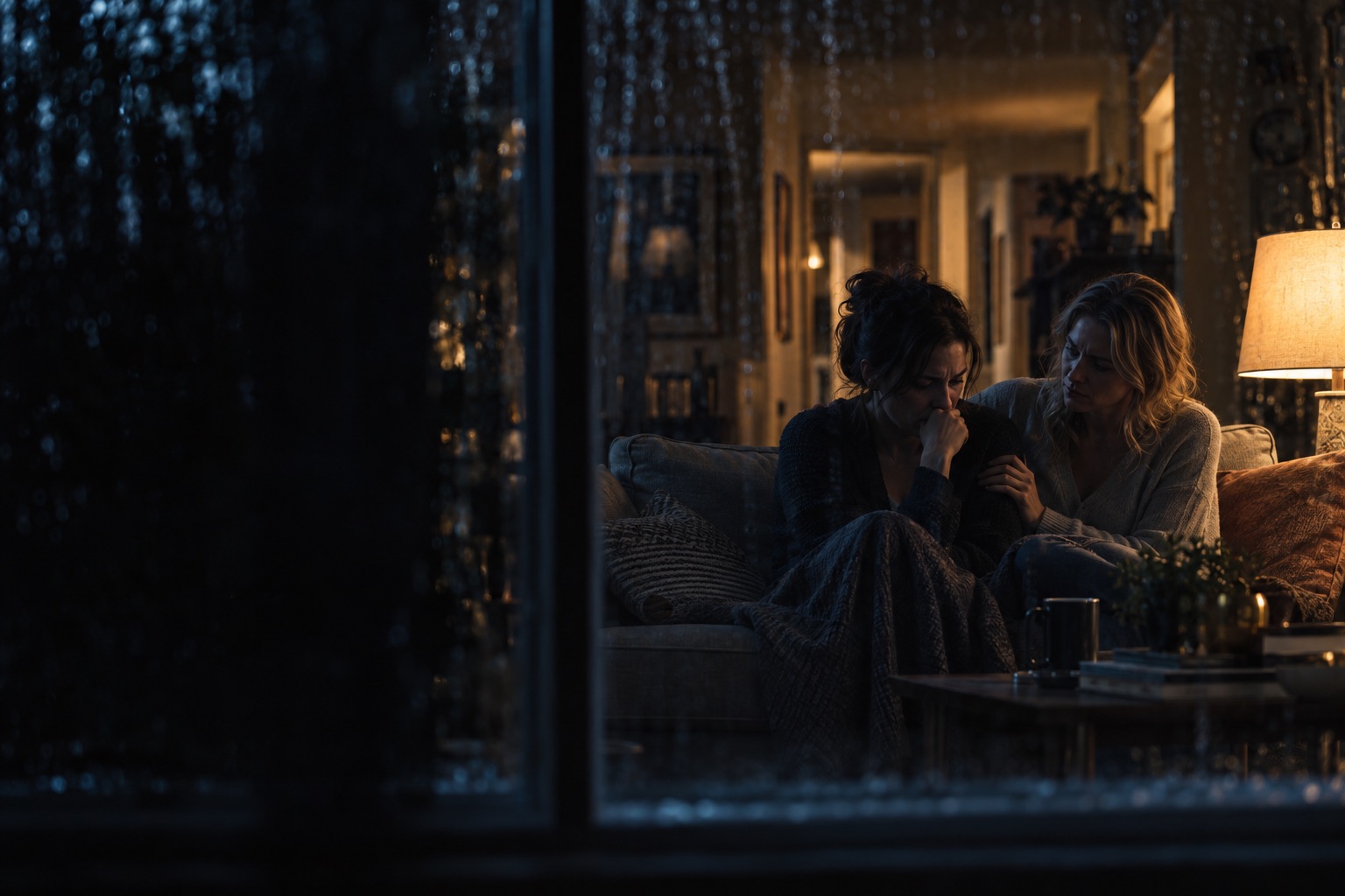 Through a rain-streaked window at night, one woman comforts another on a lamplit sofa